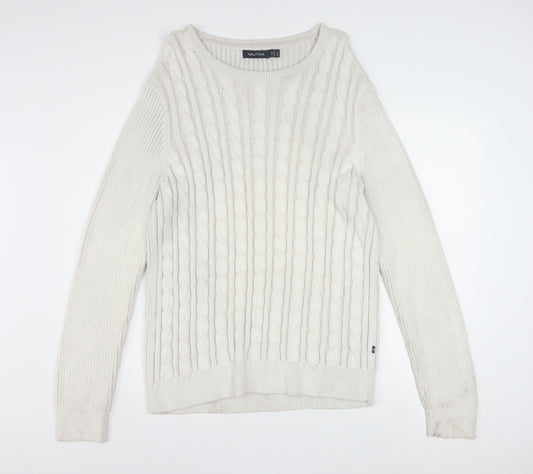 Nautica Men's White Cotton Cable-Knit Crew Neck Jumper XL