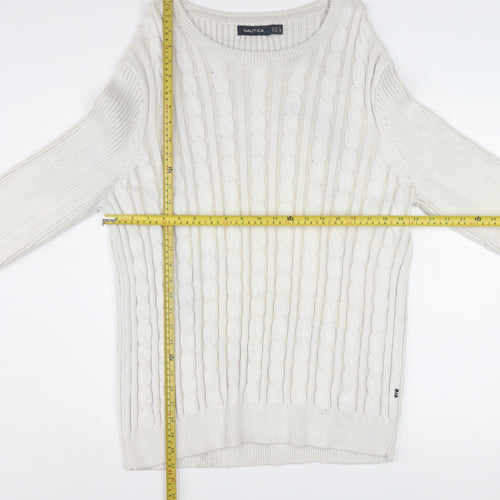 Nautica Men's White Cotton Cable-Knit Crew Neck Jumper XL