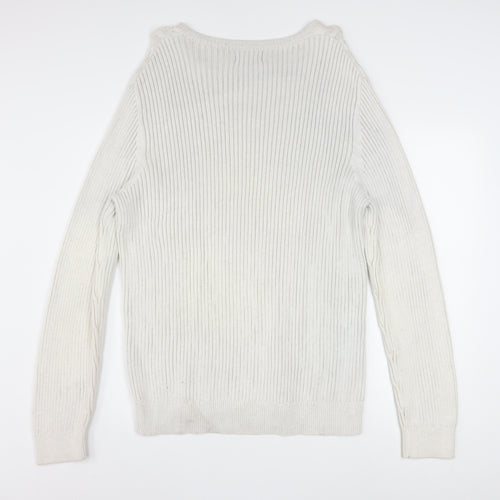 Nautica Men's White Cotton Cable-Knit Crew Neck Jumper XL