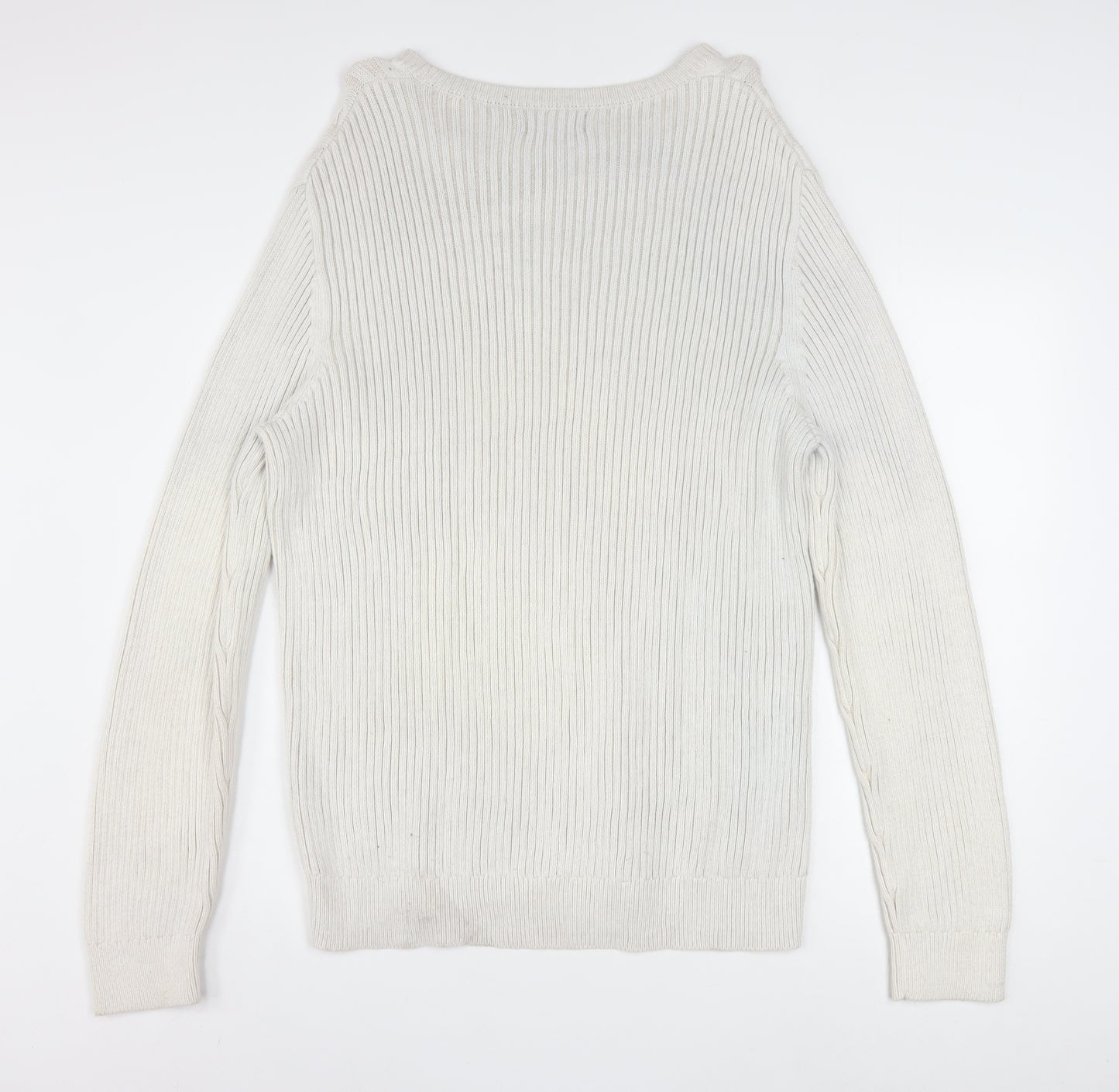 Nautica Men's White Cotton Cable-Knit Crew Neck Jumper XL