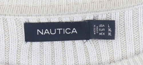 Nautica Men's White Cotton Cable-Knit Crew Neck Jumper XL