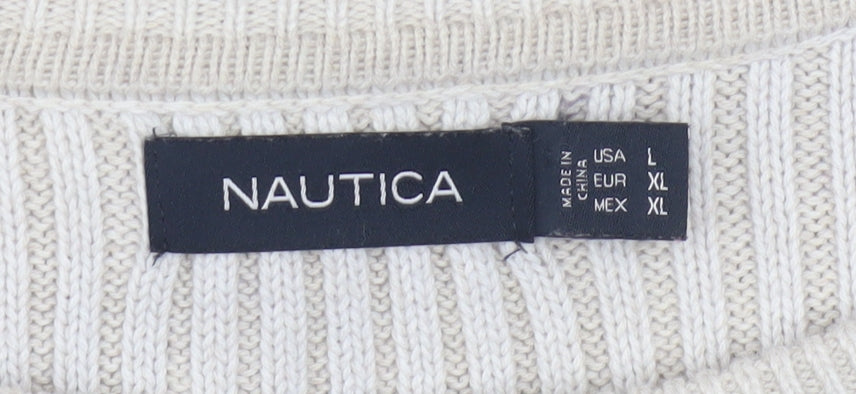 Nautica Men's White Cotton Cable-Knit Crew Neck Jumper XL