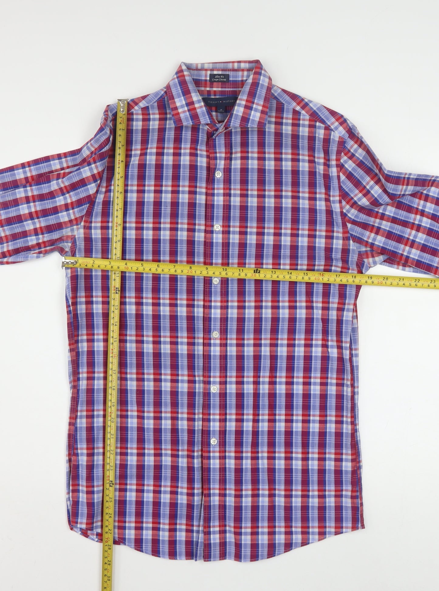 Tommy Hilfiger Men's Red Blue Checked Slim Fit Long Sleeve Shirt 15