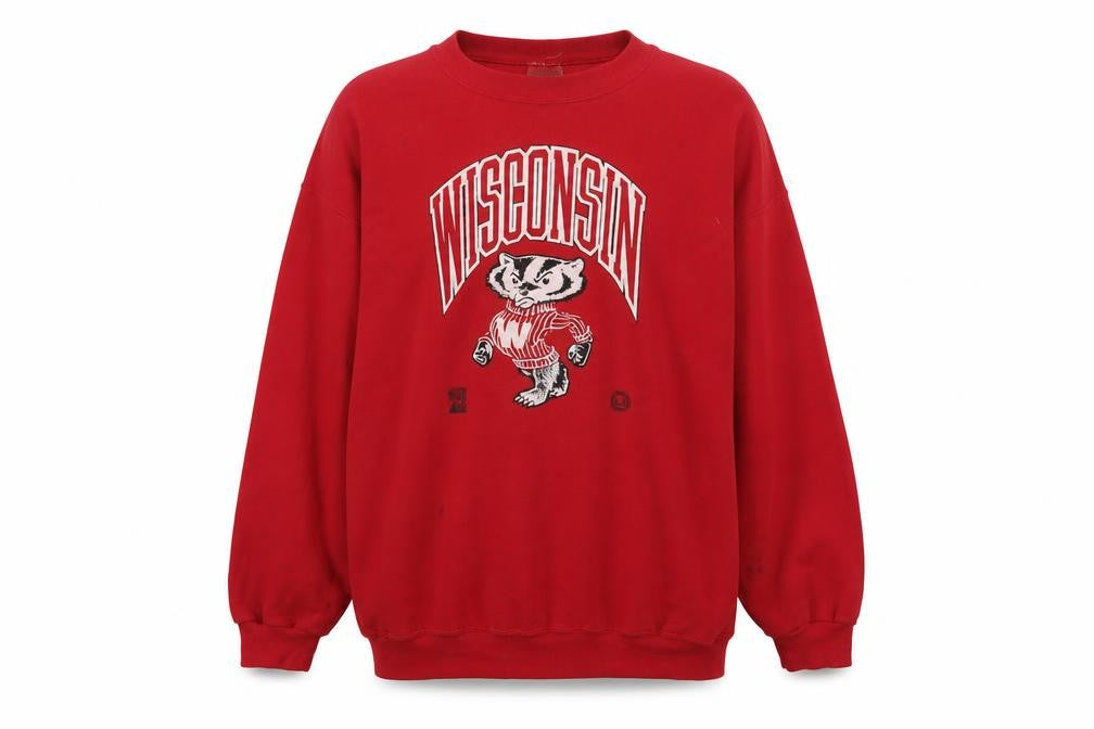 Front view of Tultex men’s red 2xl wisconsin pullover sweatshirt vintage usa
