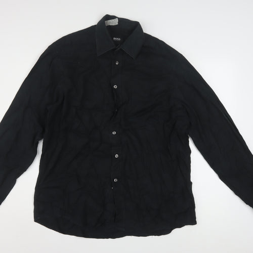 Hugo Boss Men's Black Long Sleeve Button-Up Cotton Shirt Size 16
