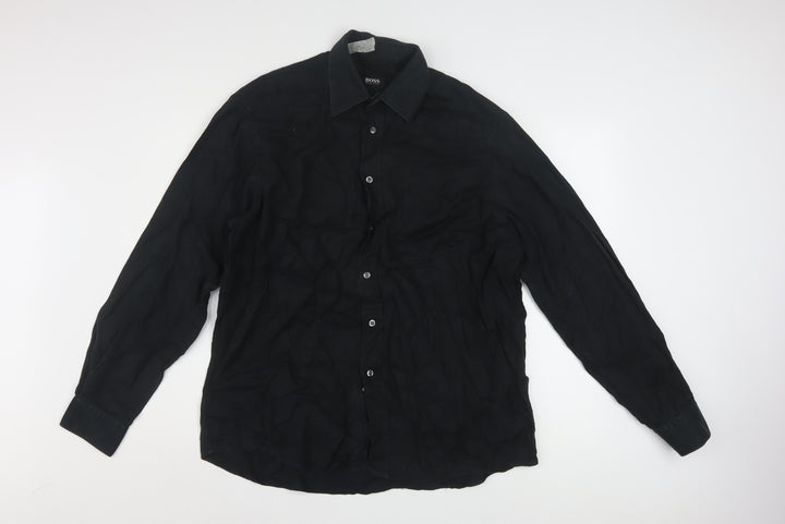 Hugo Boss Men's Black Long Sleeve Button-Up Cotton Shirt Size 16