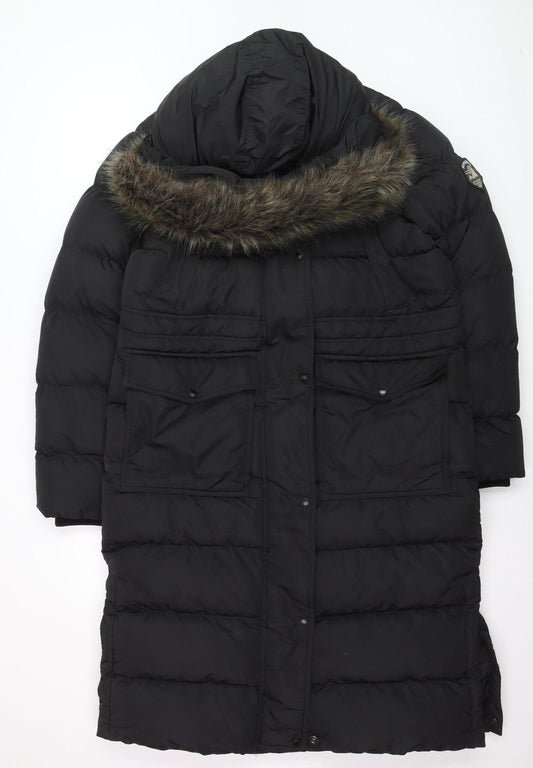Superdry Women Black Long Puffer Coat Size 14 Hooded Fur Trim