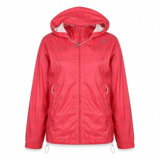 Front view of TOG24 women’s red hooded waterproof rain jacket, size UK 10-12