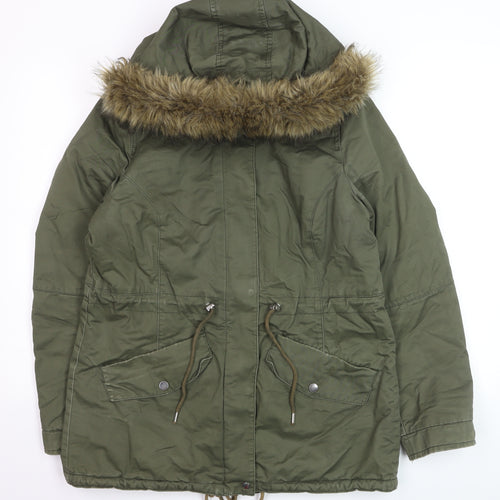 H&M Divided Women's Green Parka Jacket Size 12 Hooded Faux Fur Trim
