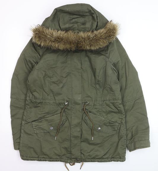 H&M Divided Women's Green Parka Jacket Size 12 Hooded Faux Fur Trim