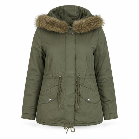 Front view of H&M Divided Women's Green Parka Jacket, size 12, Hooded Faux Fur Trim