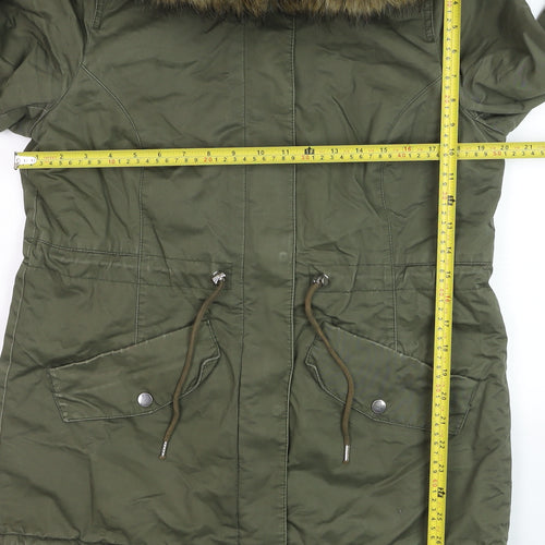 H&M Divided Women's Green Parka Jacket Size 12 Hooded Faux Fur Trim