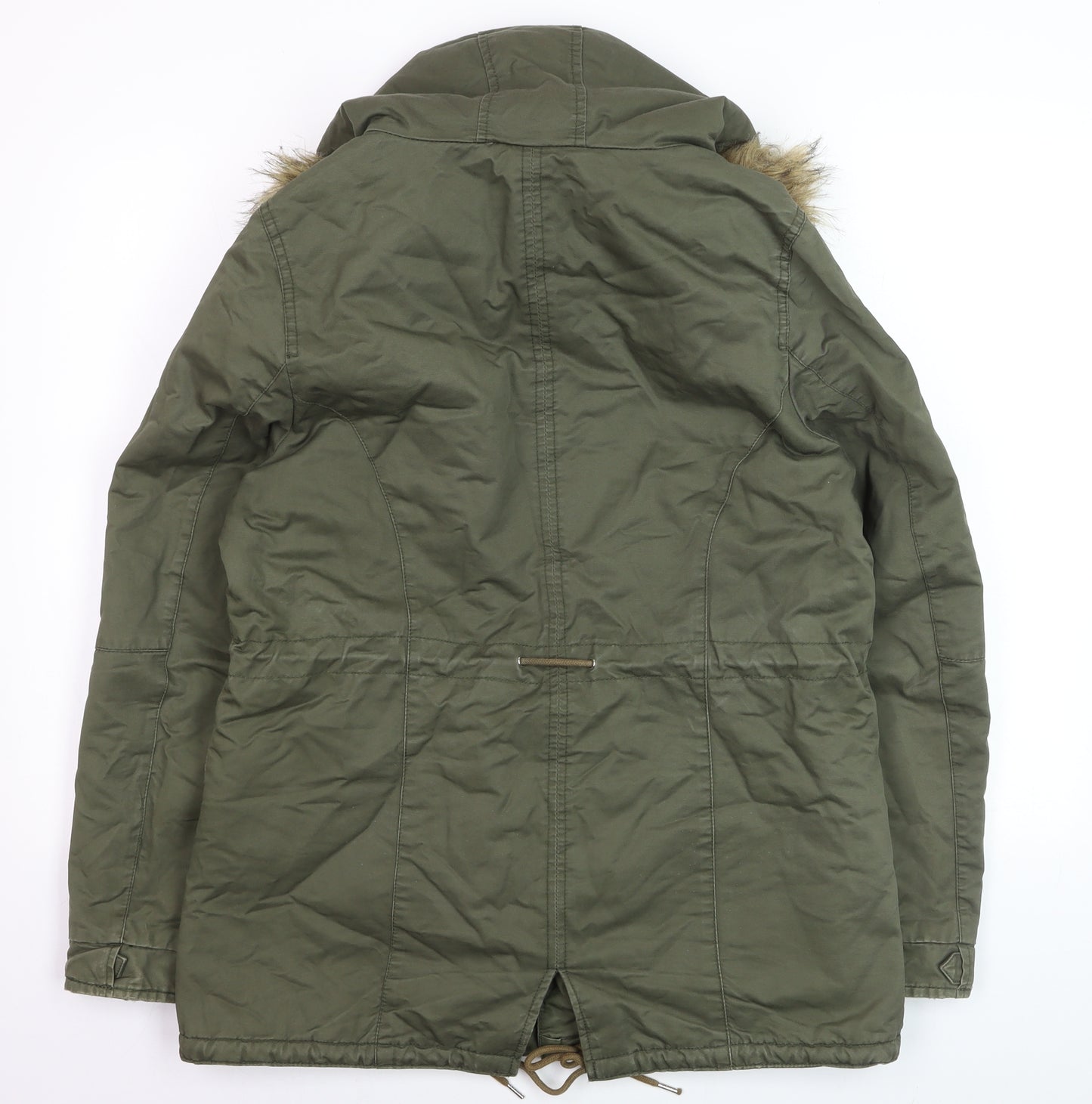 H&M Divided Women's Green Parka Jacket Size 12 Hooded Faux Fur Trim