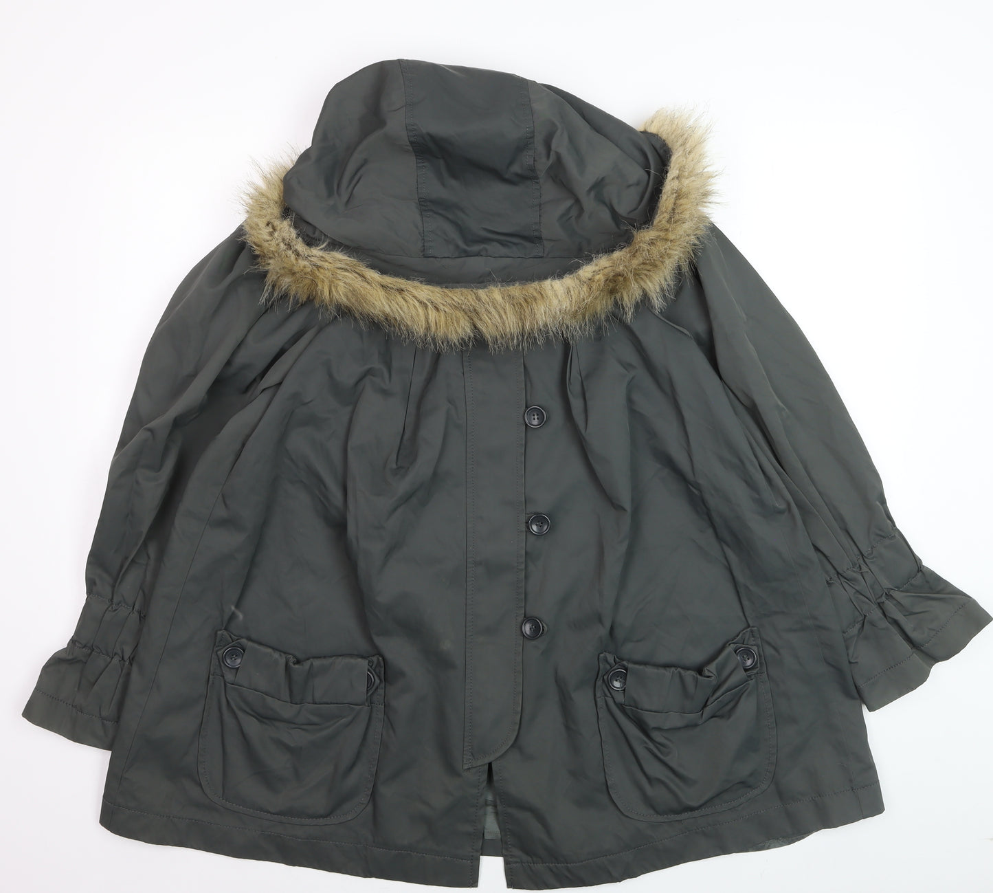 French Connection Women’s Green Fur Trim Hooded Parka Coat Size 10