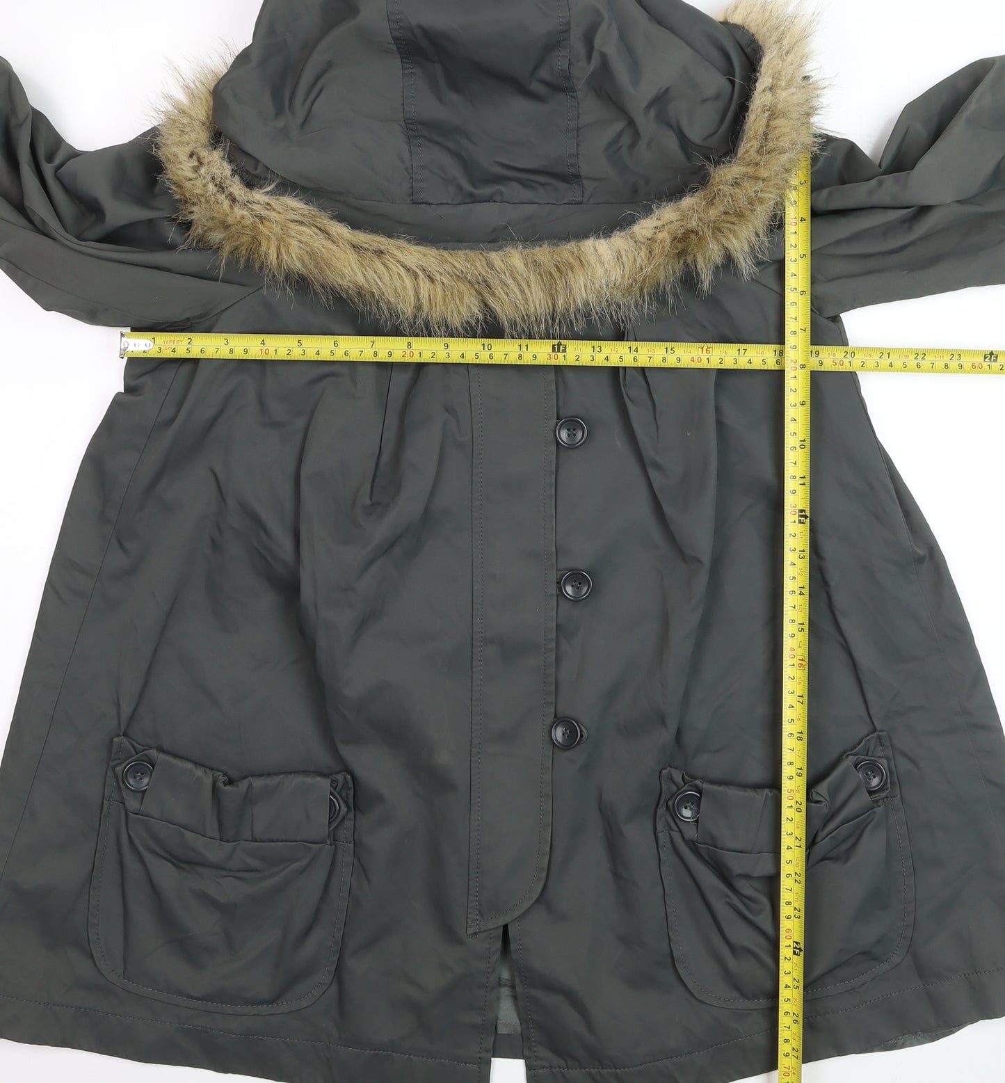 French Connection Women’s Green Fur Trim Hooded Parka Coat Size 10