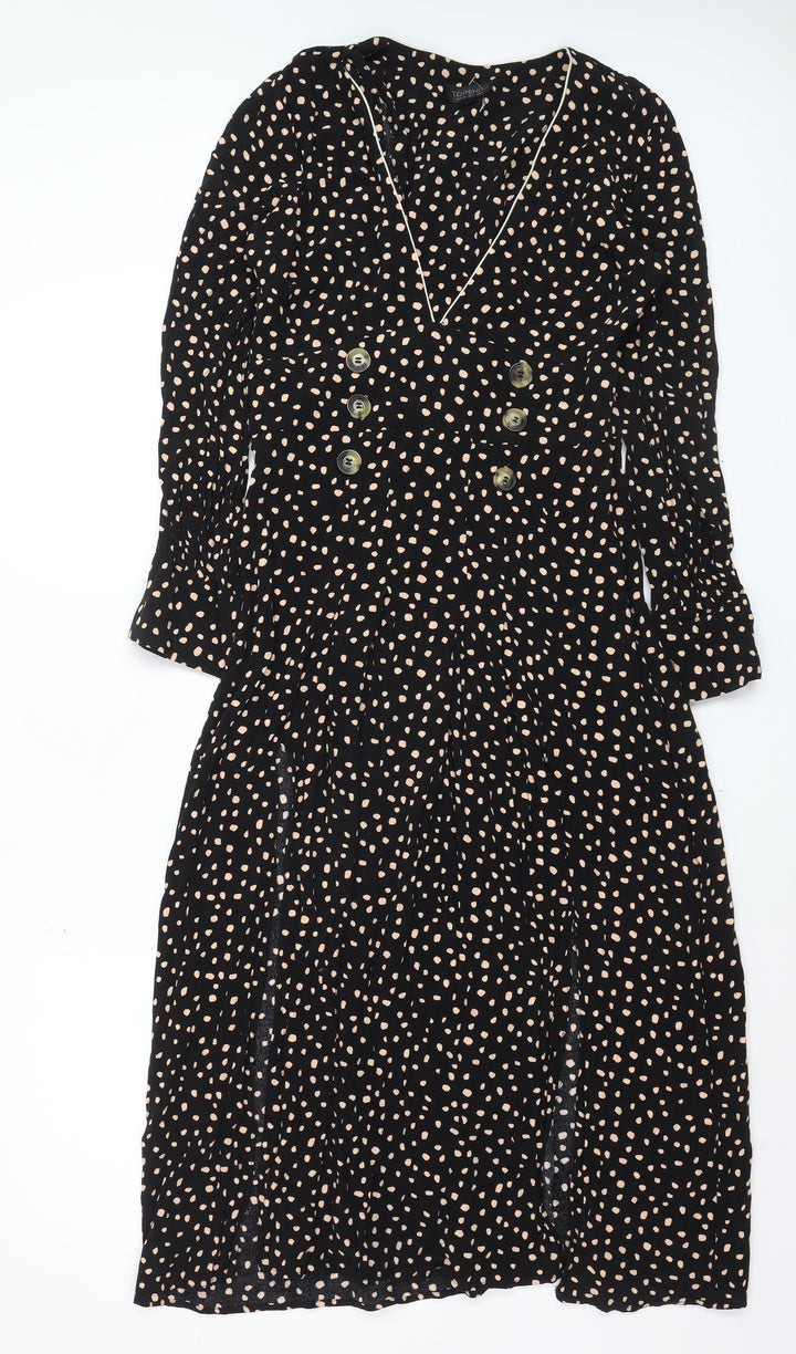 Topshop Women's Black Polka Dot Midi Fit & Flare Dress Size 8