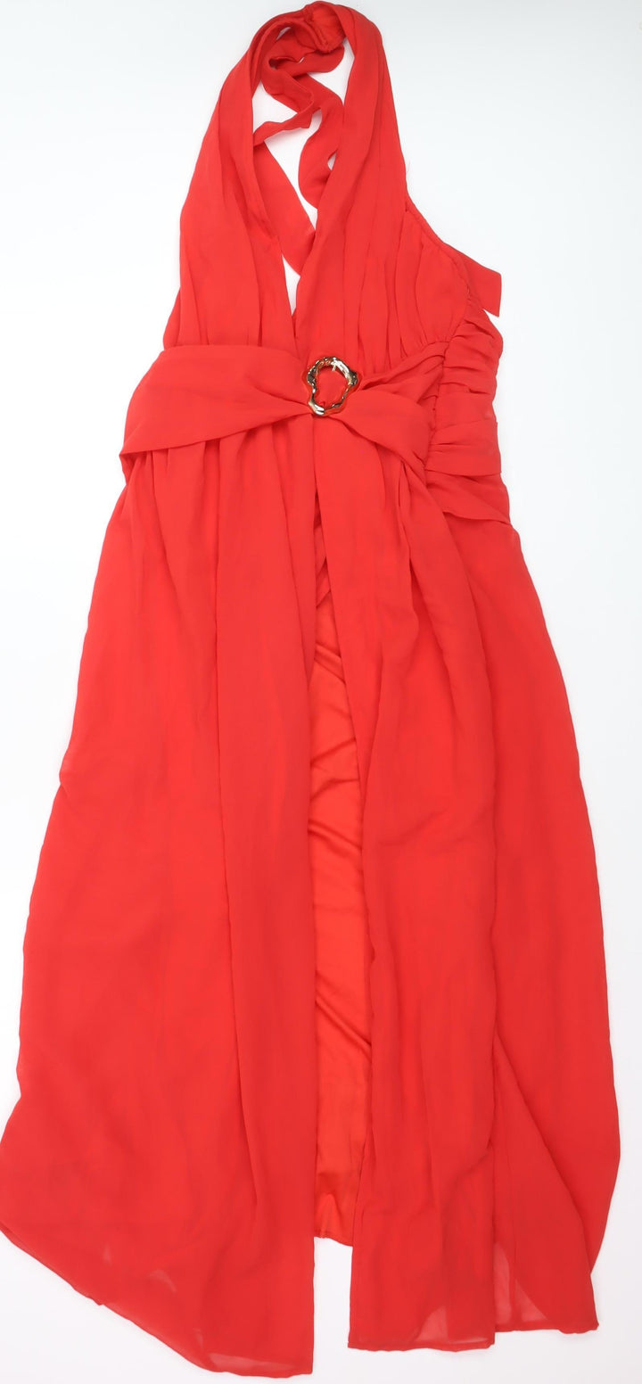 Boohoo Women Red Halter Hi-Low Chiffon Party Dress Size 12