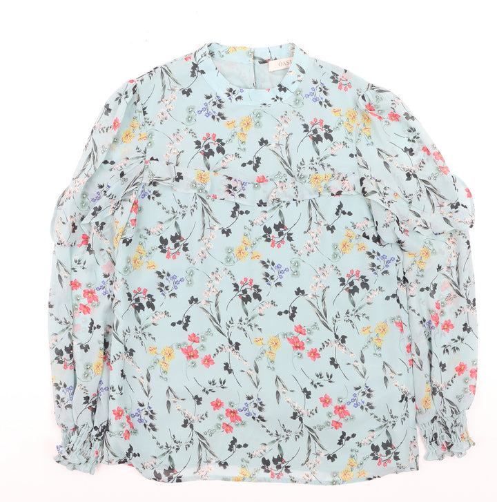 Oasis Womens Blue Floral Long Sleeve Blouse UK 8 Polyester Ruffle Detail