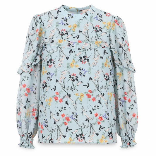 Front view of Oasis women’s blue floral long sleeve blouse uk 8 polyester ruffle detail