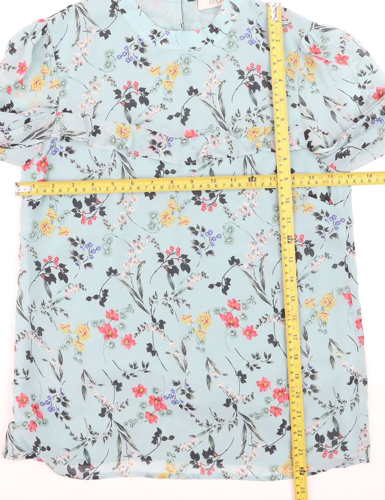 Oasis Womens Blue Floral Long Sleeve Blouse UK 8 Polyester Ruffle Detail