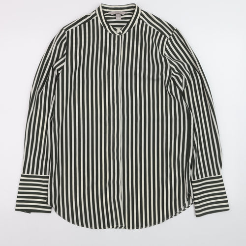Oasis Women Black Striped Button-Up Long Sleeve Shirt Size 8