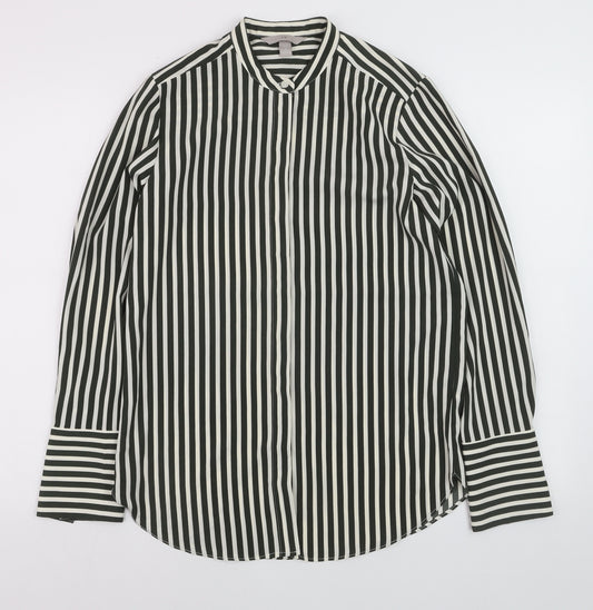 Oasis Women Black Striped Button-Up Long Sleeve Shirt Size 8