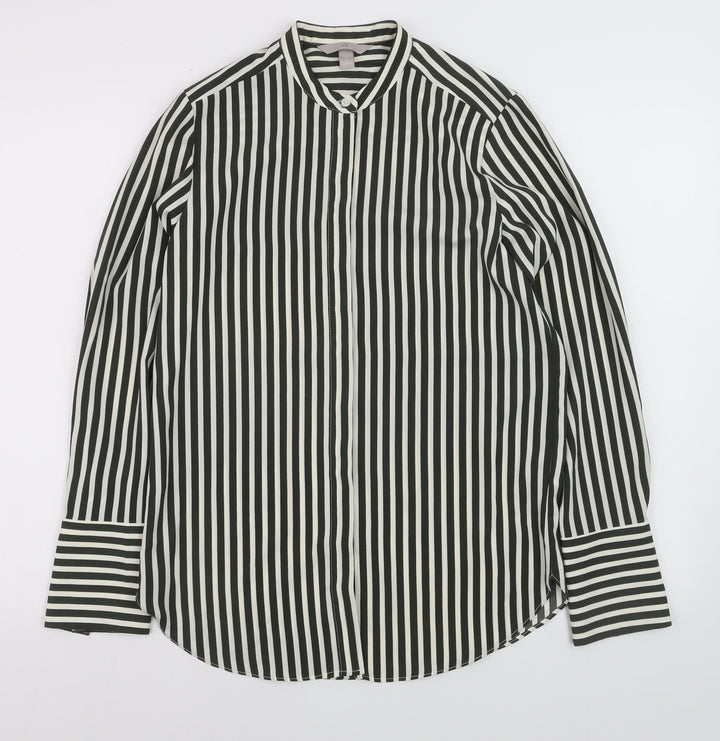 Oasis Women Black Striped Button-Up Long Sleeve Shirt Size 8
