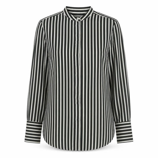 Front view of Oasis Women Black Striped Button-Up Long Sleeve Shirt, size 8