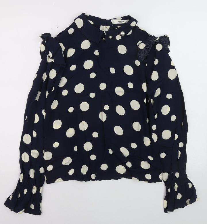Mango Women’s Blue Polka Dot Collared Long Sleeve Blouse XS
