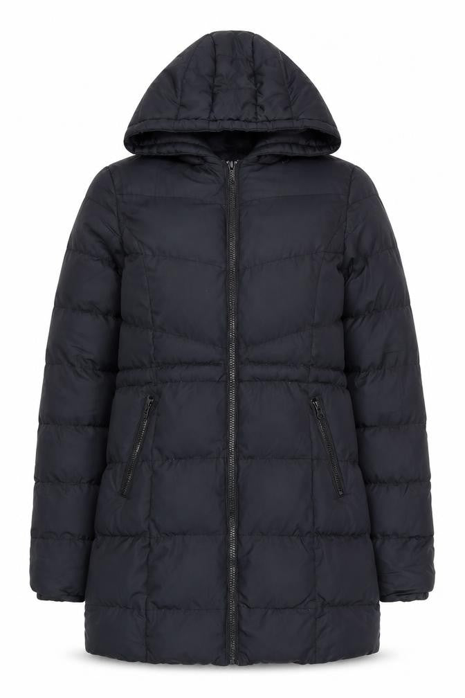 Front view of Threadbare women’s black, size UK 6, puffer jacket hooded mid-length coat