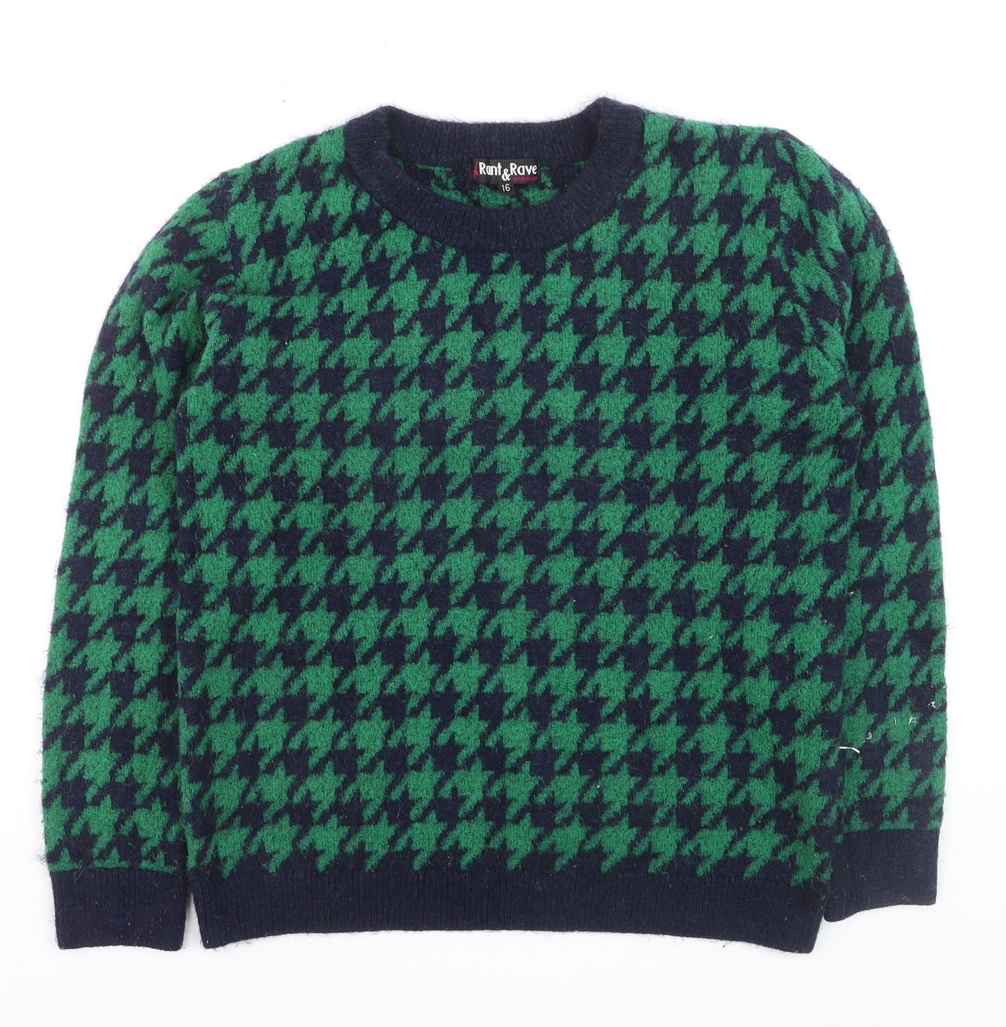 Rant & Rave Women's Green Houndstooth Knit Pullover Jumper Size 16