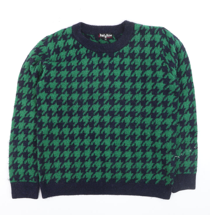 Rant & Rave Women's Green Houndstooth Knit Pullover Jumper Size 16