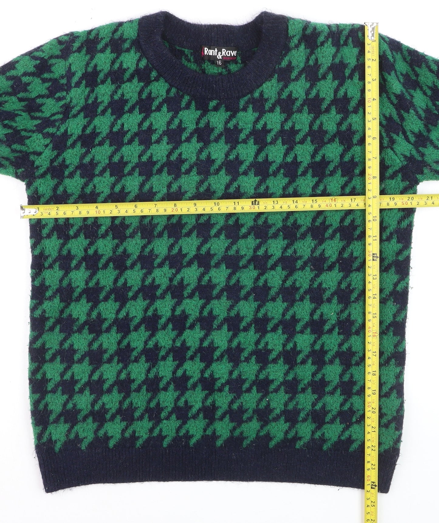 Rant & Rave Women's Green Houndstooth Knit Pullover Jumper Size 16
