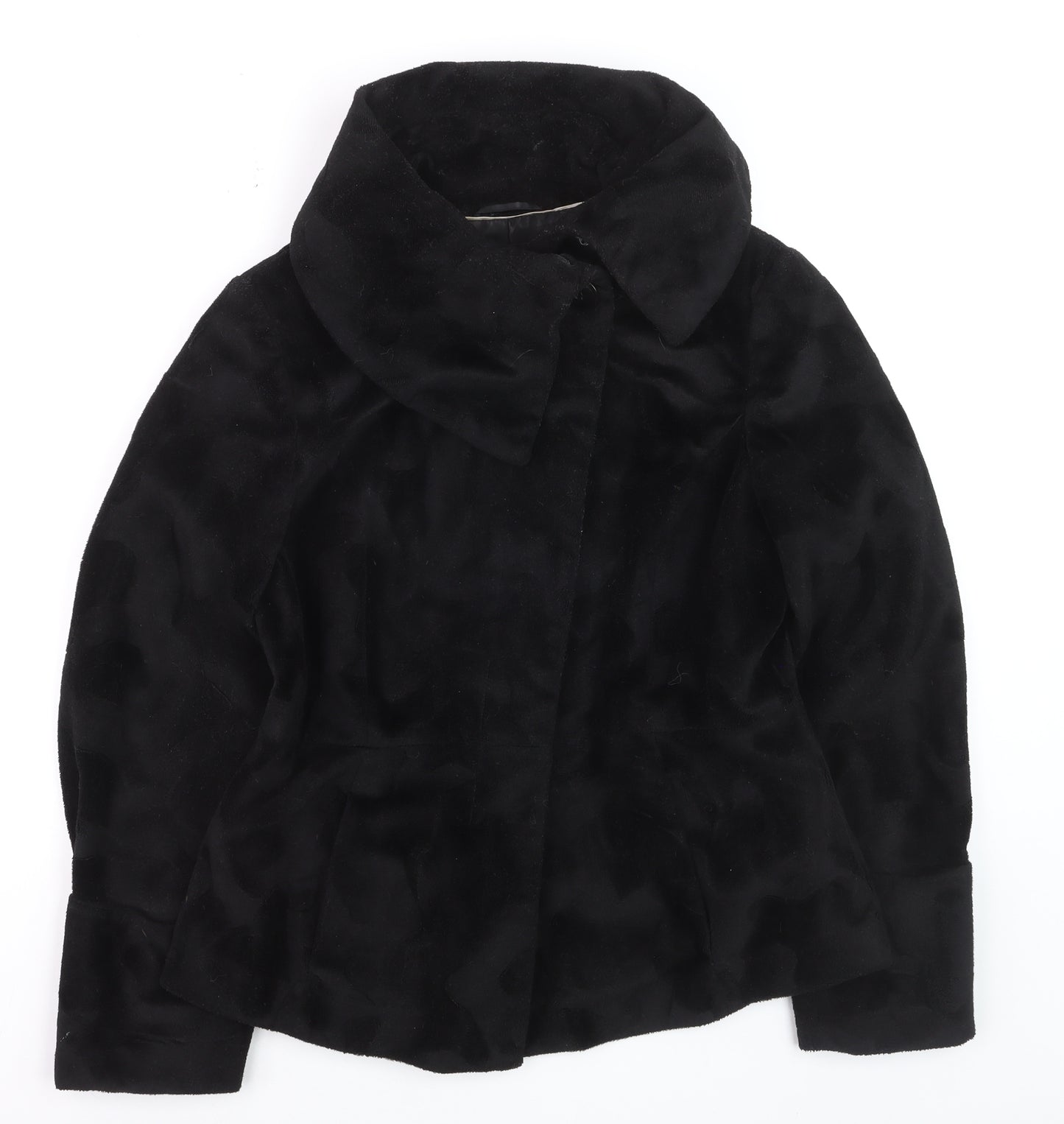 Next Women’s Black Faux Fur Short Jacket Size 12 Lined Collared Winter Coat