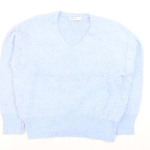 Gallery Women Blue Fuzzy Knit V-Neck Pullover Jumper Size L
