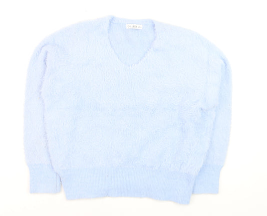 Gallery Women Blue Fuzzy Knit V-Neck Pullover Jumper Size L