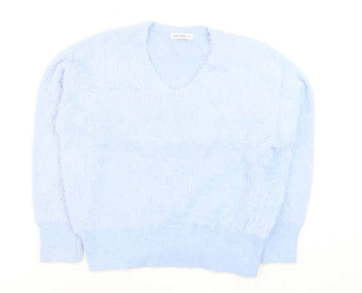 Gallery Women Blue Fuzzy Knit V-Neck Pullover Jumper Size L