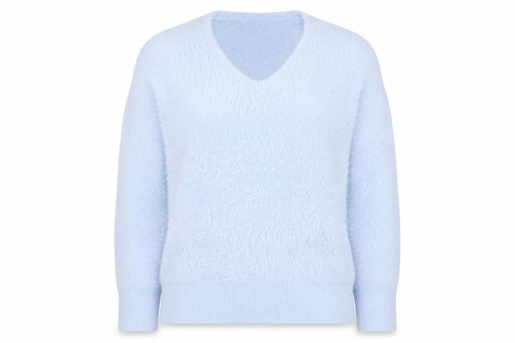 Front view of Gallery Women Blue Fuzzy Knit V-Neck jumper, size L