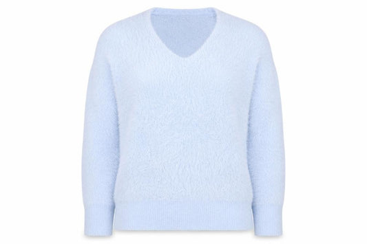 Front view of Gallery Women Blue Fuzzy Knit V-Neck jumper, size L