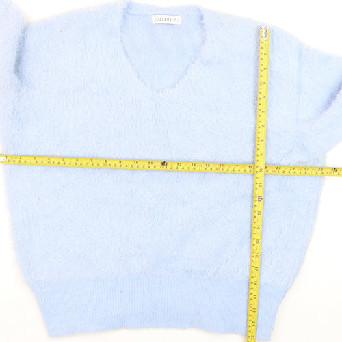 Gallery Women Blue Fuzzy Knit V-Neck Pullover Jumper Size L