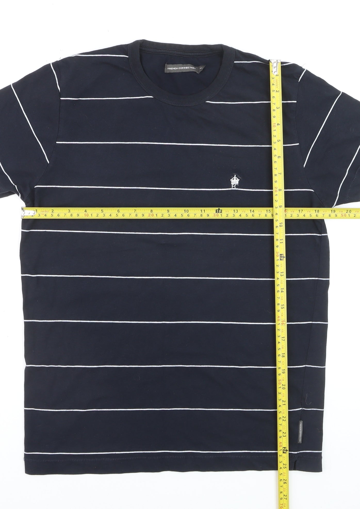 French Connection Men's Blue Striped Cotton Crew Neck T-Shirt M