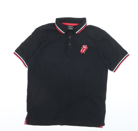 The Rolling Stones Men's Black Polo Shirt Size M Embroidered Band Logo