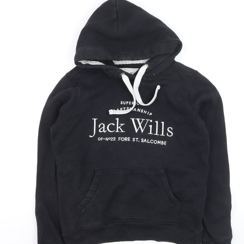 Jack Wills Boys Black Pullover Hoodie Size 8 Cotton Blend Casual Sweatshirt