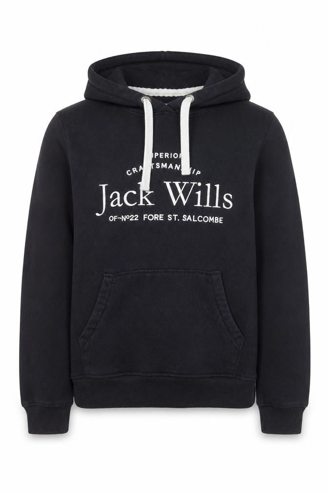 Front view of Jack Wills boys’ black pullover hoodie, size 8, cotton blend casual sweatshirt