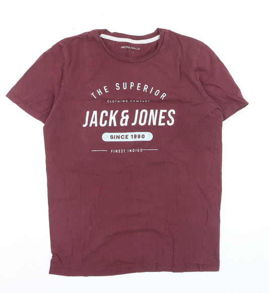Jack & Jones Men's Red Graphic Crew Neck Regular Fit T-Shirt Size S