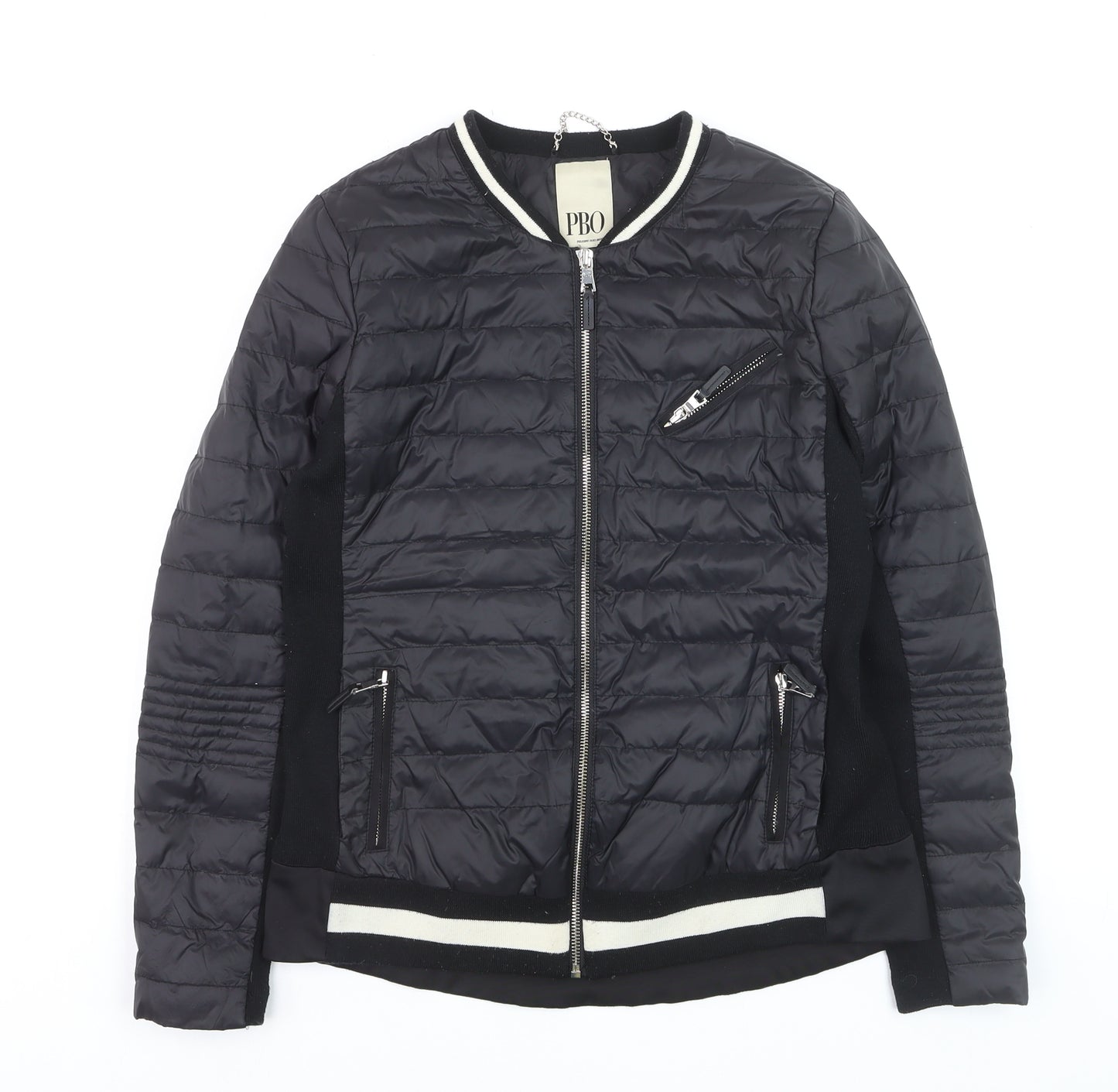 PBO Women Black Quilted Bomber Jacket Size 8 Full Zip Down Filled