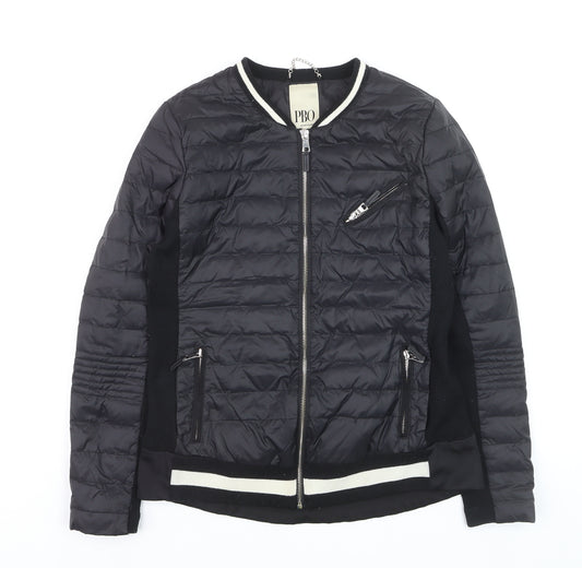 PBO Women Black Quilted Bomber Jacket Size 8 Full Zip Down Filled