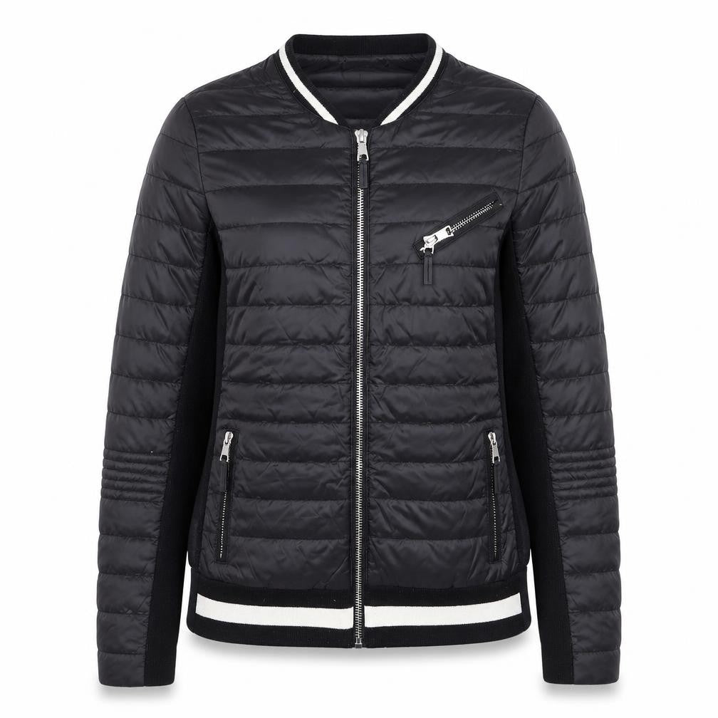 Front view of PBO Women Black Quilted Bomber Jacket, size 8, Full Zip Down Filled