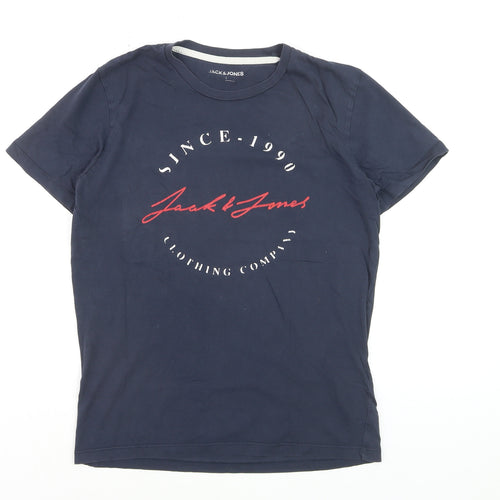 Jack & Jones Men's Navy Graphic Print Crew Neck Cotton T-Shirt Size S