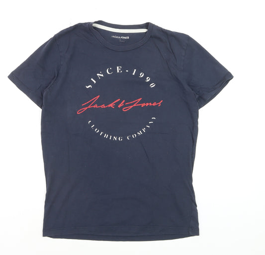 Jack & Jones Men's Navy Graphic Print Crew Neck Cotton T-Shirt Size S